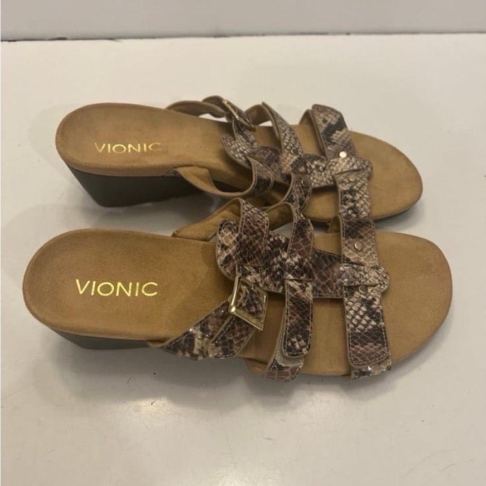 Vionic Radia Wedge Sandals Adjustable Triple Strap Snakeskin Slides - Picture 2 of 7